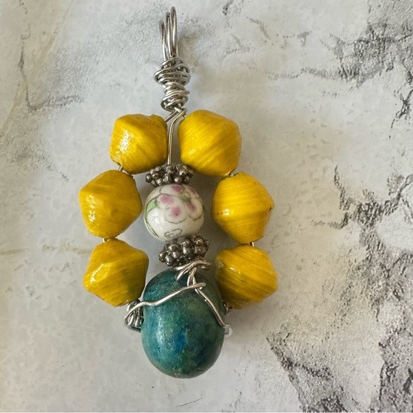 Handcrafted Yellow and Blue Beaded Pendant and paper beads 1600 Y - Picture 2 of 9